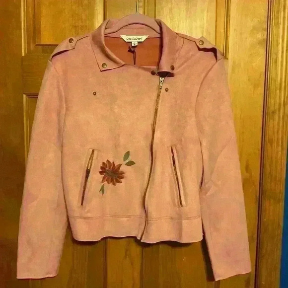 Pink flowered jacket. Lightweight suede material. - Picture 1 of 6